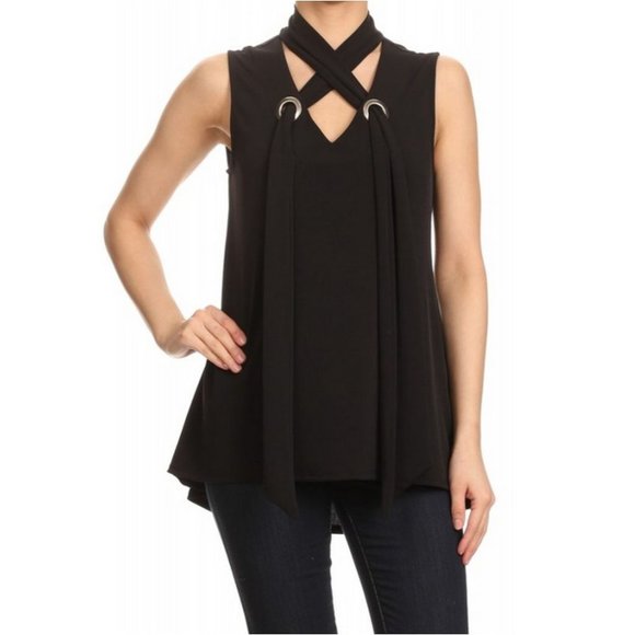 Ariella Usa Tops - Ariella Grommet Detail Scarf Top, Black
